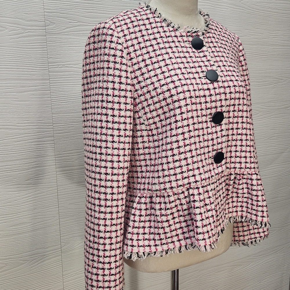 Kate Spade New York Pink Cropped Tweed Peplum Jacket Size 8 Fringe Bold Buttons - Picture 8 of 15